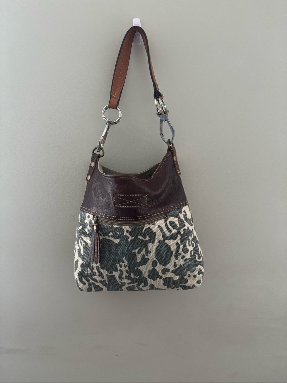 Myra Brown Leather & Ivory Patterned Hobo Canvas Crossbody Shoulder Bag